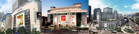 (왼쪽부터)롯데백화점 소공동 본점, 현대백화점 압구정 본점, 신세계백화점 명동 본점 전경. <각사 제공>